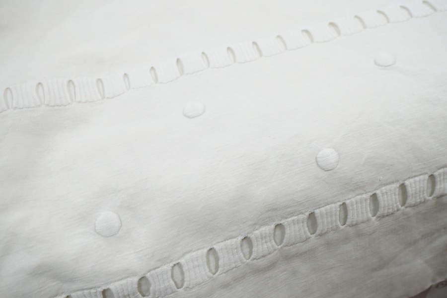 Three 1900's French provincial linen top sheets, all with monograms and embroidery with drawn thread work on the fold backs. Condition - linen strong but all need re laundering.